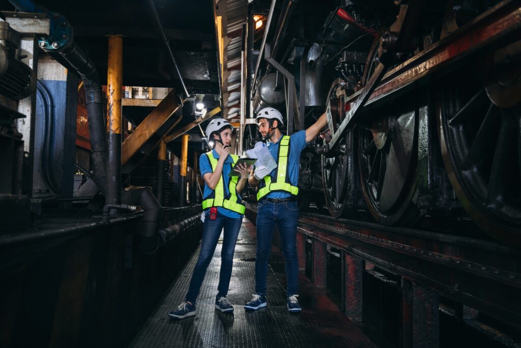 Industrial engineers inspect and perform maintenance on the machines at factory machines.