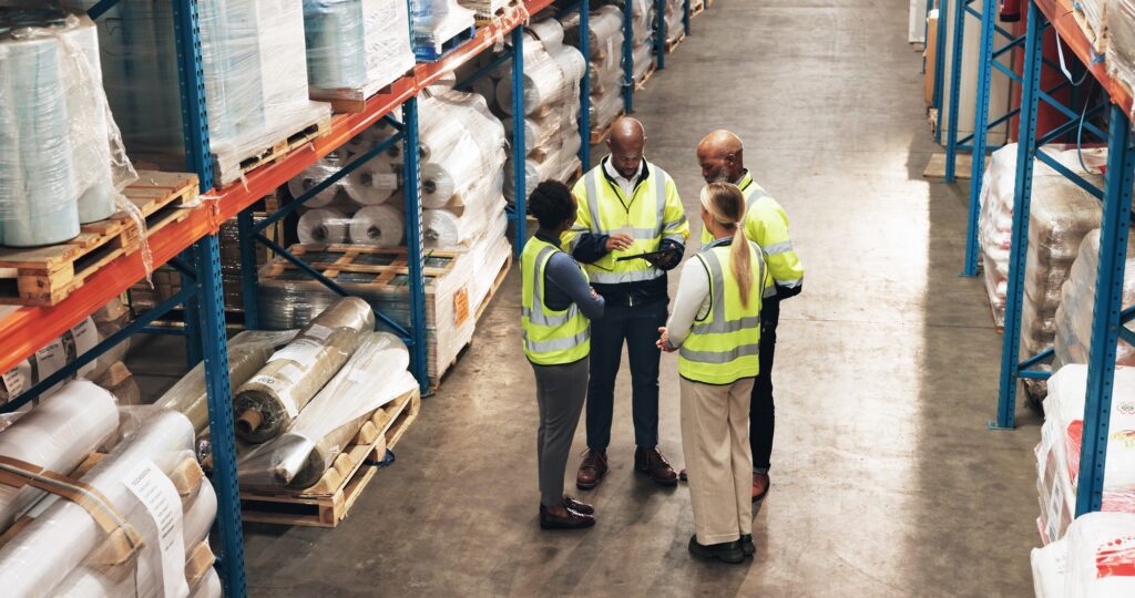 Logistics, people and discussion with tablet in warehouse for supply chain, distribution and ecomme